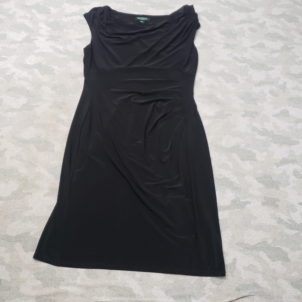 Lauren Ralph Lauren Dress Women 14 Petite Black Cowl Neck Ruched Sleeveless